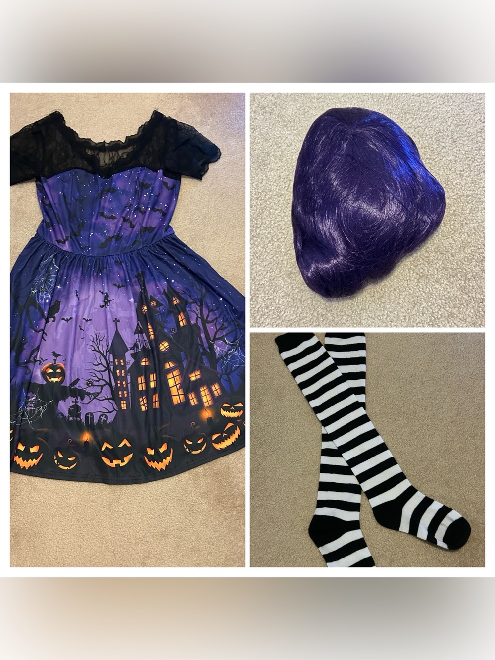 Girl Purple Haunted House Halloween Costume Dress w/Purple Wig and Striped Socks